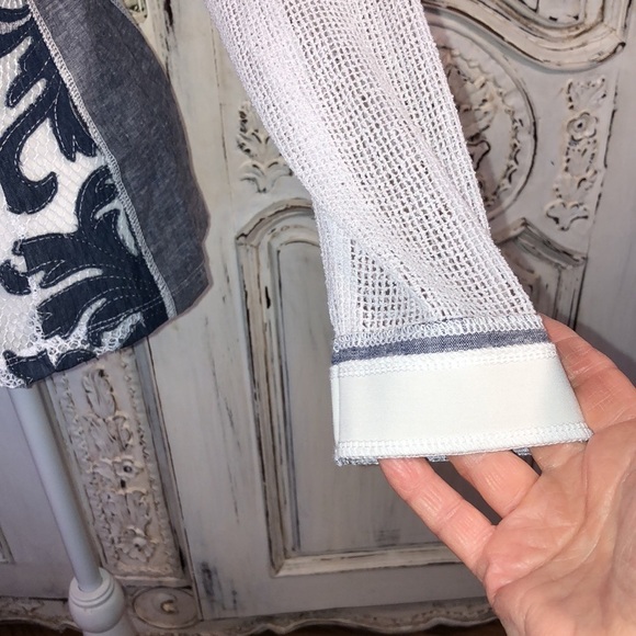 Piccadilly White and Blue Jean Cutout Design with Net Sleeves Jacket - Picture 4 of 11